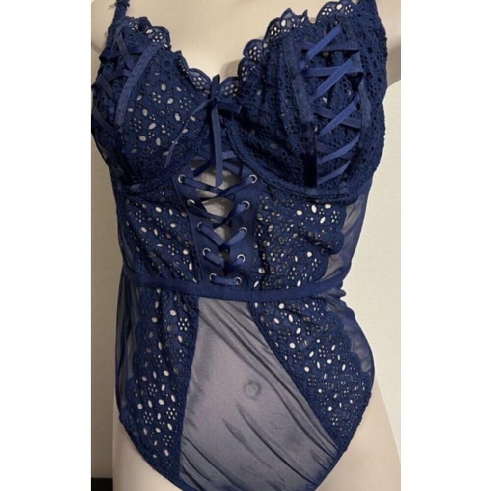 Victoria's Secret Teddy Lingerie Bodysuit Navy Blue Lace Thong NWT
